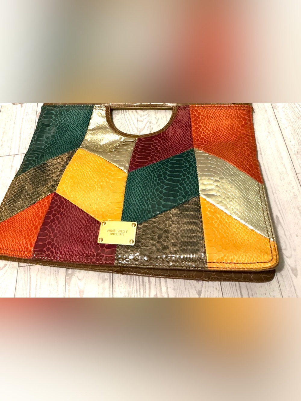 Nine West Multicolor Faux Snake Print Patchwork Clutch with Gold Accents - Picture 4 of 12